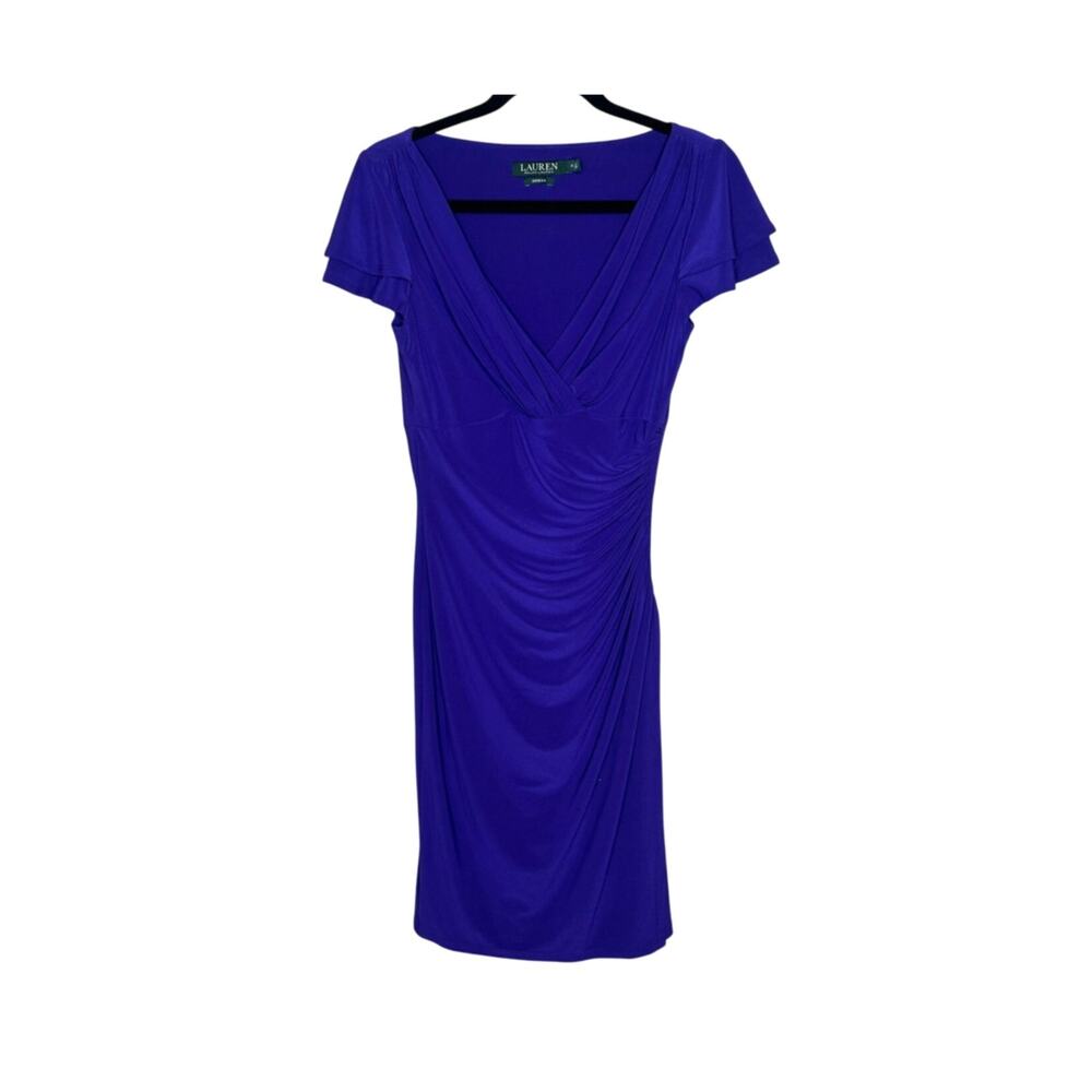Lauren Ralph Lauren Purple Ruched Flutter Sleeve Sheath Dress 2 Cocktail Party